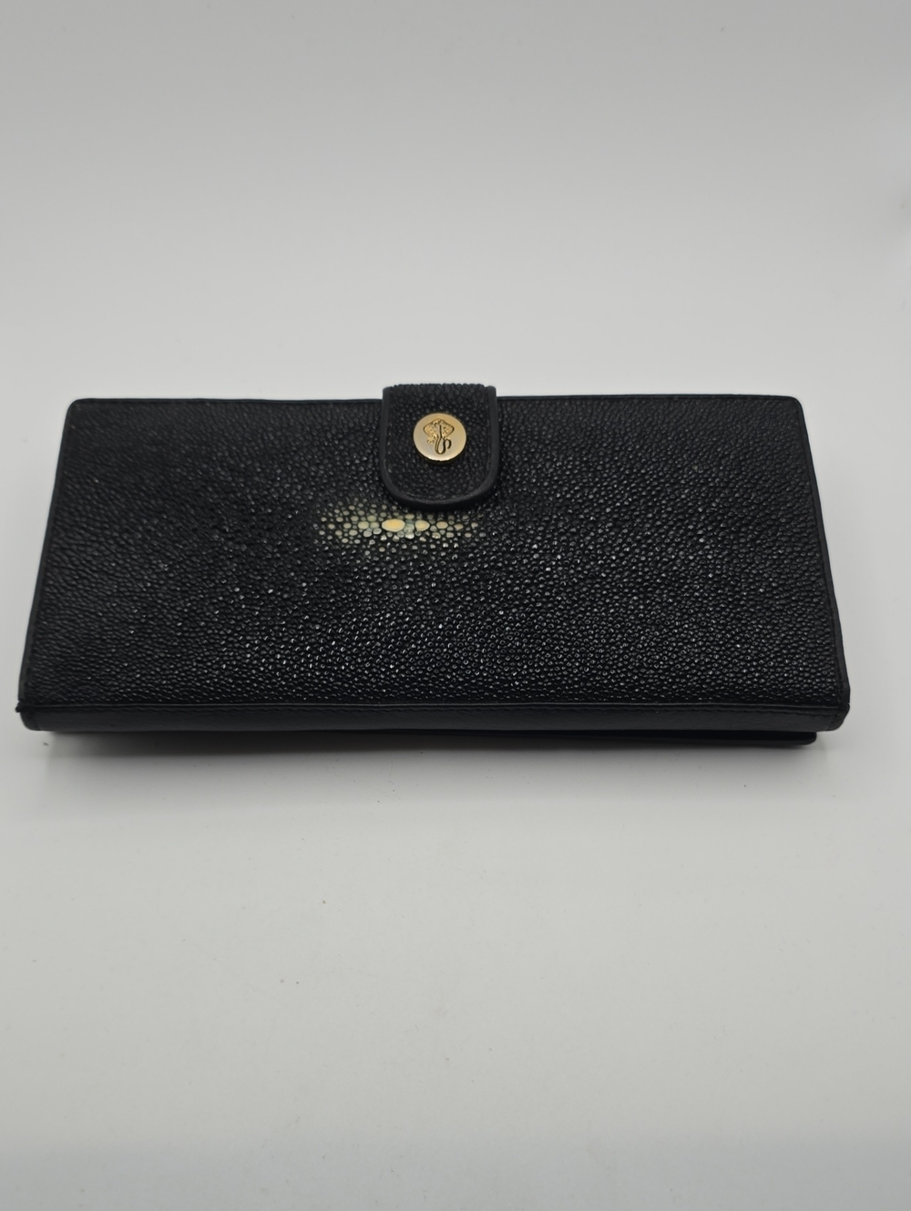 Victor Black Textured Stingray Skin Long Wallet with Gold Button Snap